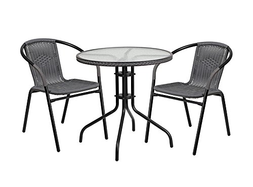 28" Round Glass Metal Table with Gray Rattan Chairs