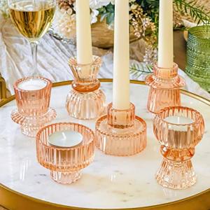 Vintage Rose Gold Glass Candlestick Holders - Set of 6