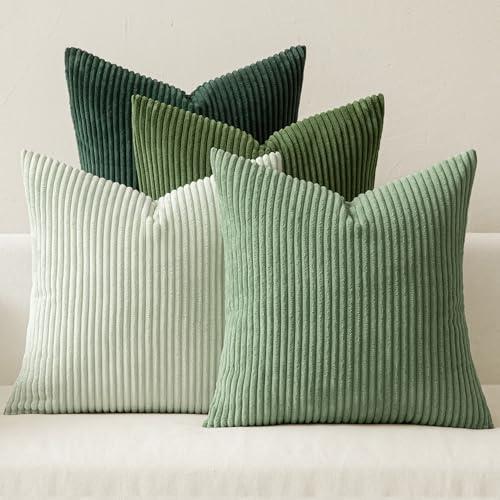 Set of 4 Soft Green Boho Striped Velvet Cushion Covers