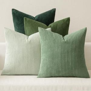 Set of 4 Soft Green Boho Striped Velvet Cushion Covers