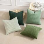 Set of 4 Soft Green Boho Striped Velvet Cushion Covers