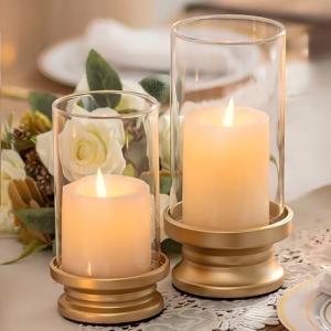 Gold Hurricane Candle Holders with Glass Sleeves - Set of 2
