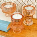 Vintage Rose Gold Glass Candlestick Holders - Set of 6