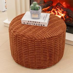 Round Orange Brown Pouf Ottoman for Living Room