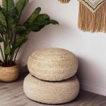 Natural Jute Round Pouf Ottoman for Boho Decor
