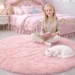 Light Pink Round Fluffy Rug for Kids' Room