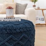 Modern Dark Blue Round Pouf Ottoman for Home