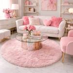 Light Pink Round Fluffy Rug for Kids' Room