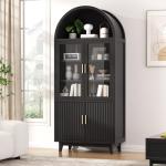 Arched Black Cabinet with Glass Doors and Wood Legs
