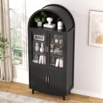 Arched Black Cabinet with Glass Doors and Wood Legs