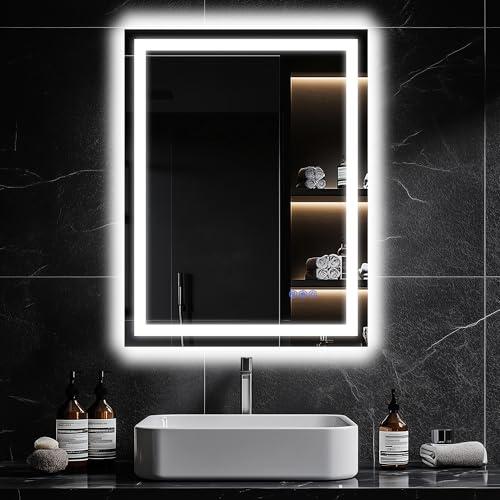 Antok 24"x 32" LED Bathroom Mirror with Lights, Anti-Fog, Dimmable, Lighted Vanity Mirror with Tempered Glass, Memory Function, 3 Light Modes, Safe Use, Horizontal, Vertical, Wall Mount