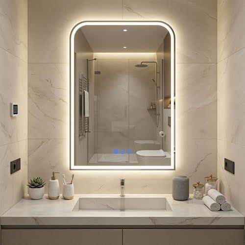 Antok LED Bathroom Mirror, LED Mirror with Lights for Bathroom, Lighted Vanity Mirrors for Wall, Anti-Fog, Dimmable, Tempered Glass, Memory Function, 3 Colors, Safe Use, 36" L x 24" W, White