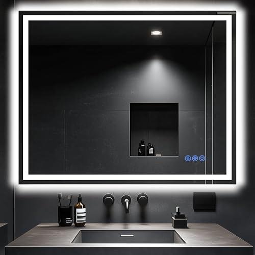 Antok 32"x 40" LED Bathroom Mirror with Lights, Anti-Fog, Dimmable, Lighted Vanity Mirror with Tempered Glass, Memory Function, 3 Light Modes, Safe Use, Horizontal, Vertical, Wall Mount
