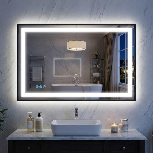 Antok 24X36 LED Bathroom Mirror with Lights, Vanity Mirror for Wall with Black Frame, Touch Control, Anti-Fog, Dimmable Lights, Shatter-Proof, Memory Function, Wall-Mounted Vanity Mirrors