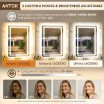 Antok 24"x 36" LED Bathroom Mirror with Lights, Anti-Fog, Dimmable, Lighted Vanity Mirror with Tempered Glass, Memory Function, 3 Light Modes, Safe Use, Horizontal, Vertical, Wall Mount