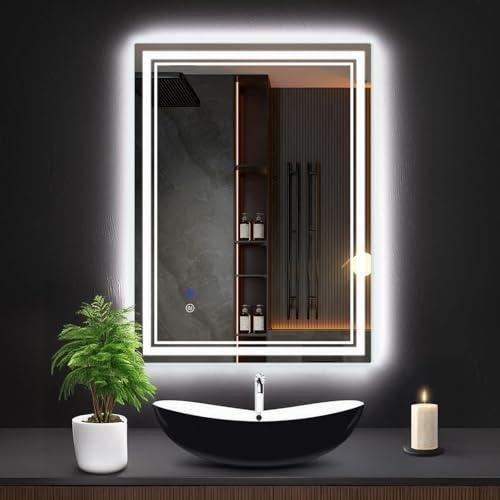 SaniteModar 24X36 Led Bathroom Mirror with Lights,Backlit + Front Lit,Anti-Fog, Dimmable,Memory Function, Tempered Glass,Lighted Bathroom Vanity Mirror for Wall,3 Colors(36" L x 24" W)