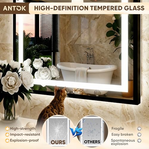 Antok 24X36 LED Bathroom Mirror with Lights, Vanity Mirror for Wall with Black Frame, Touch Control, Anti-Fog, Dimmable Lights, Shatter-Proof, Memory Function, Wall-Mounted Vanity Mirrors
