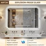 Antok LED Bathroom Mirror, LED Mirror with Lights for Bathroom, Lighted Vanity Mirrors for Wall, Anti-Fog, Dimmable, Tempered Glass, Memory Function, 3 Colors, Safe Use, 36" L x 24" W, White
