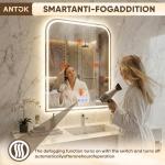 Antok LED Bathroom Mirror, LED Mirror with Lights for Bathroom, Lighted Vanity Mirrors for Wall, Anti-Fog, Dimmable, Tempered Glass, Memory Function, 3 Colors, Safe Use, 36" L x 24" W, White