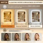 Antok LED Bathroom Mirror, LED Mirror with Lights for Bathroom, Lighted Vanity Mirrors for Wall, Anti-Fog, Dimmable, Tempered Glass, Memory Function, 3 Colors, Safe Use, 36" L x 24" W, White