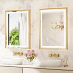 miskerm 24x36 LED Mirror for Bathroom, Brushed Gold Metal Frame Mirror with Backlit + Front Lit, Bathroom Mirror with Lights, Anti-Fog, Dimmable, Lighted Mirror Tempered Glass(Horizontal/Vertical)