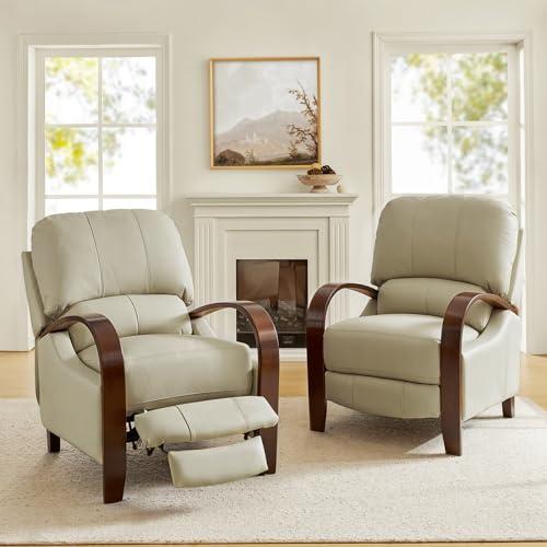 HULALA HOME Genuine Leather Manual Recliners Set of 2 with Wood Feet & Armrest, Mid-Century Modern Push Back Reclining Chairs for Living Room Bedroom, Beige