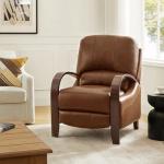 HULALA HOME Genuine Leather Manual Recliner with Wood Feet & Armrest, Mid-Century Modern Push Back Reclining Chair for Living Room Bedroom, Brown