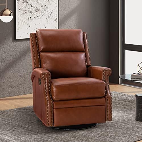 HULALA Home Genuine Leather Swivel Rocker Recliner Chair for Living Room, Manual Glider Recliner with Adjustable Backrest & Footrest Modern Home Theater Sofa Armchair with Nailhead Trim, Brown