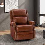 HULALA Home Genuine Leather Swivel Rocker Recliner Chair for Living Room, Manual Glider Recliner with Adjustable Backrest & Footrest Modern Home Theater Sofa Armchair with Nailhead Trim, Brown