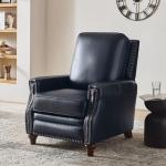 HULALA HOME Genuine Leather Manual Recliner Chair with Adjustable Backrest & Footrest, Mid Century Modern Push Back Recliner with Nailhead Trim & Wood Legs-for Living Room Home Theater, Navy