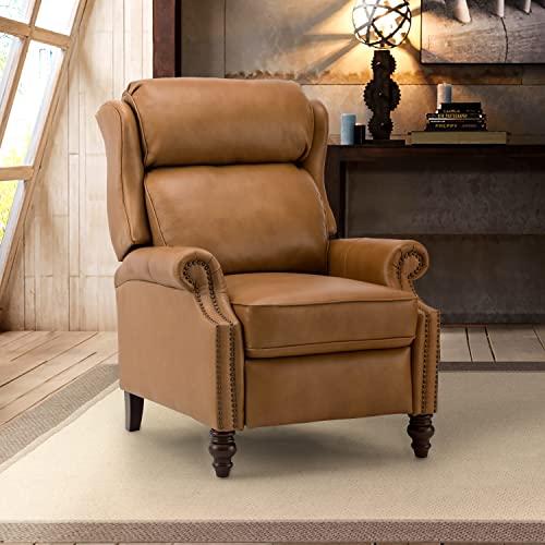 HULALA HOME Genuine Leather Recliner Chair, Traditional Manual Pushback Comfy Seating for Living Room, Thick Cushion & Solid Wood Legs, Wingback Recliner with Nailhead Trim, Camel