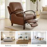 HULALA HOME Genuine Leather Manual Recliner with Wood Feet & Armrest, Mid-Century Modern Push Back Reclining Chair for Living Room Bedroom, Brown