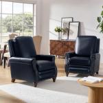 HULALA HOME Genuine Leather Manual Recliner Chair with Adjustable Backrest & Footrest, Mid Century Modern Push Back Recliner with Nailhead Trim & Wood Legs-for Living Room Home Theater, Navy