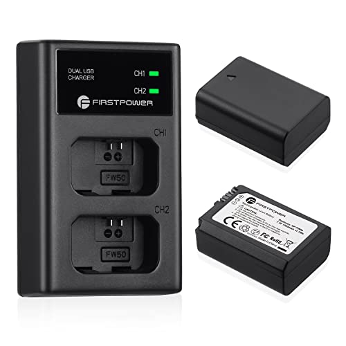 FirstPower NP-FW50 Battery 2-Pack and USB Dual Charger Compatible with Sony A6000 A6300 A6400 A6500 A7 A7II A7RII A7SII A7S A7S2 A7R A7R2 A5100 A5000 RX10 RX10II III Cameras by FirstPower