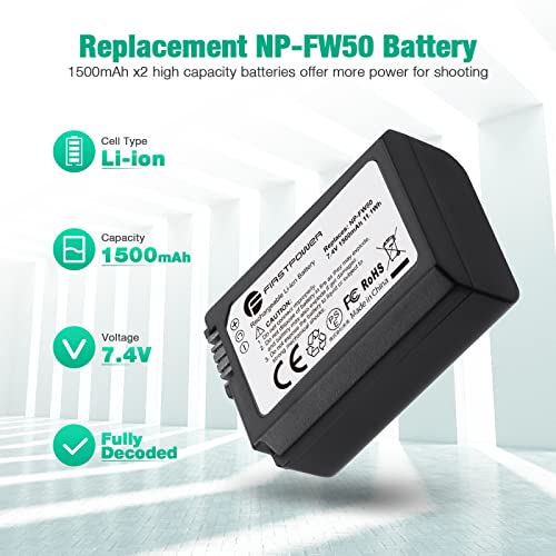 FirstPower NP-FW50 Battery 2-Pack and USB Dual Charger Compatible with Sony A6000 A6300 A6400 A6500 A7 A7II A7RII A7SII A7S A7S2 A7R A7R2 A5100 A5000 RX10 RX10II III Cameras by FirstPower