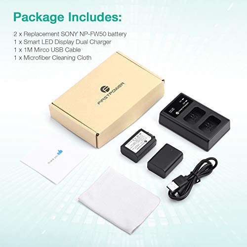 FirstPower NP-FW50 Battery 2-Pack and USB Dual Charger Compatible with Sony A6000 A6300 A6400 A6500 A7 A7II A7RII A7SII A7S A7S2 A7R A7R2 A5100 A5000 RX10 RX10II III Cameras by FirstPower