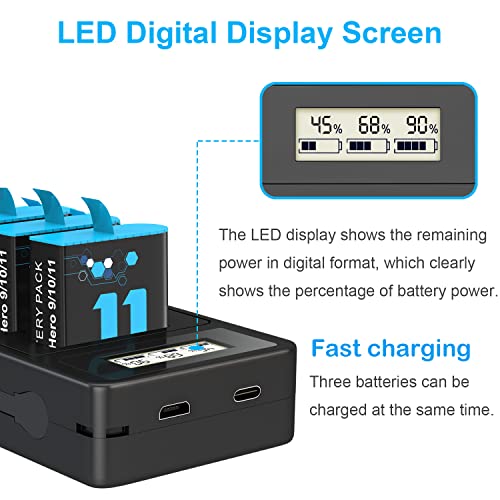 TOMSHEIR 2000mAh Batteries for GoPro Hero 9/10 Battery (2-Pack) and 3-Channel USB Quick Charger (Fully Compatible with Gopro Hero 9 Gopro Hero 10 Black Official) by Roofer Electronics Technology(Shanwei) Co.,Ltd