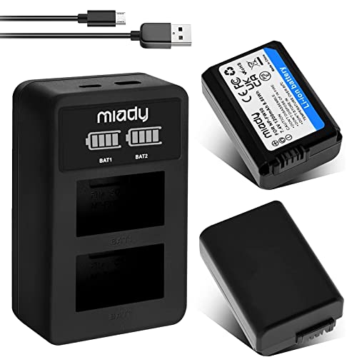Miady 2 Pack Replacement Sony NP-FW50 Camera Battery Charger Set for Sony A6000 A6500 A6400 A6300 A5000 A5100 A7 A7II A7SII A7S A7S2 A7R A7R2 A7RII A55 A510 RX10 RX10II(Type C & Micro USB Ports) from Miady