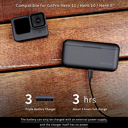 MAXCAM Power Triple Battery Charger for GoPro HERO11/HERO10/HERO9 Enduro Battery Black by MAXCAM