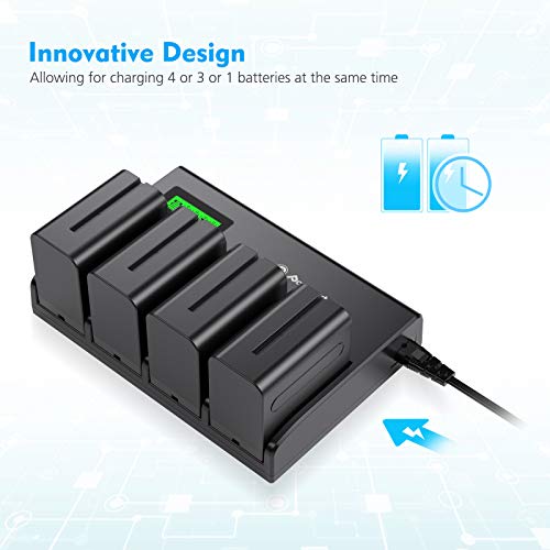 Powerextra 4 Pack Batteries and 4-Channel Charger for Sony NP-F970, NP-F960, NP-F950, NP-F930, NP-F770, NP-F750, NP-F570, NP-F550 from Powerextra