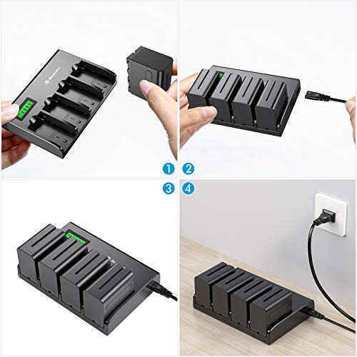 Powerextra 4 Pack Batteries and 4-Channel Charger for Sony NP-F970, NP-F960, NP-F950, NP-F930, NP-F770, NP-F750, NP-F570, NP-F550 from Powerextra