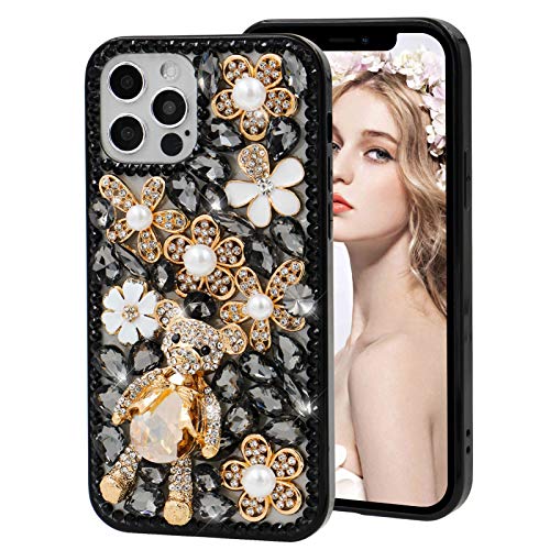 MIOKY Bling Cute Bear Case for Samsung Galaxy A53 5G,Shiny 3D Handmade Diamond Crystal Rhinestone Pearl Flower Design,Clear Hard Back Shell Soft Silicone Edge Protective Case Cover,Black from MIOKY