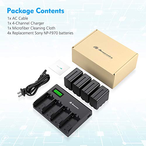 Powerextra 4 Pack Batteries and 4-Channel Charger for Sony NP-F970, NP-F960, NP-F950, NP-F930, NP-F770, NP-F750, NP-F570, NP-F550 from Powerextra