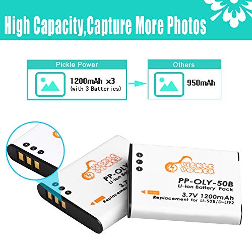 Pickle Power 3 Pack Li-50B D-LI92 Batteries and 3 Channel LED Battery Charger Replacement for Olympus Stylus Tough 6020 8000 8010 and Stylus 1020 1030 9000 SP-720UZ SZ-10 SZ-11 SZ-12 SZ-15 SZ-16 SZ-20 by Pickle Power
