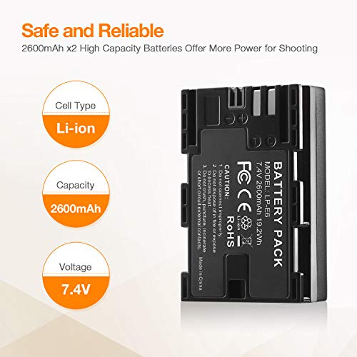 LP-E6 LP E6N Replacement Camera Batteries and Rapid Dual Charger Set for 5D Mark II, III, IV, 5DS, 5DS R, 6D, 60D,6D Mark II, 7D, 7D Mark II,70D, 80D Batteries Grip by Lordone