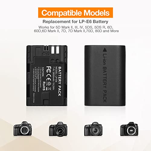 LP-E6 LP E6N Replacement Camera Batteries and Rapid Dual Charger Set for 5D Mark II, III, IV, 5DS, 5DS R, 6D, 60D,6D Mark II, 7D, 7D Mark II,70D, 80D Batteries Grip by Lordone