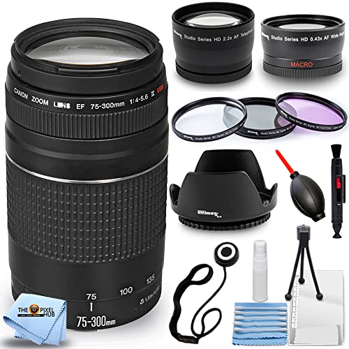 Canon EF 75-300mm f/4-5.6 III Lens PRO Bundle with Filter Kit, Telephoto and Wide Angle Lens, Tulip Hood Lens + Much More (Black) [International Version] from Pixel Hub