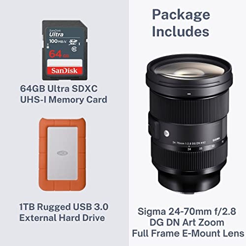 Sigma 24-70mm f/2.8 DG DN Art Zoom Full Frame Compatible with Sony E-Mount Lens with LaCie Rugged Mini 1TB Hard Drive and 64GB SD Card Bundle (3 Items) by SIGMA