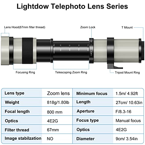 Lightdow 420-800mm f/8.3 Manual Zoom Super Telephoto Lens + T Mount Ring for Canon EOS 80D 90D Rebel T3 T3i T4i T5 T5i T6 T7 T6i T7i SL1 SL2 60D 70D 77D 5D III/5D IV 6D 7D/7D II (White Version) from ZLY Tech