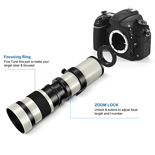 Lightdow 420-800mm f/8.3 Manual Zoom Super Telephoto Lens + T Mount Ring for Canon EOS 80D 90D Rebel T3 T3i T4i T5 T5i T6 T7 T6i T7i SL1 SL2 60D 70D 77D 5D III/5D IV 6D 7D/7D II (White Version) from ZLY Tech
